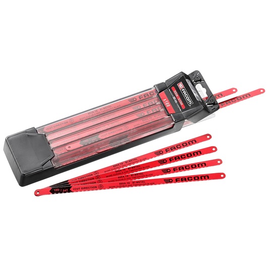 Facom 668A_10 set of red bi-metal hacksaw blades with black and clear plastic case, photography on white background.