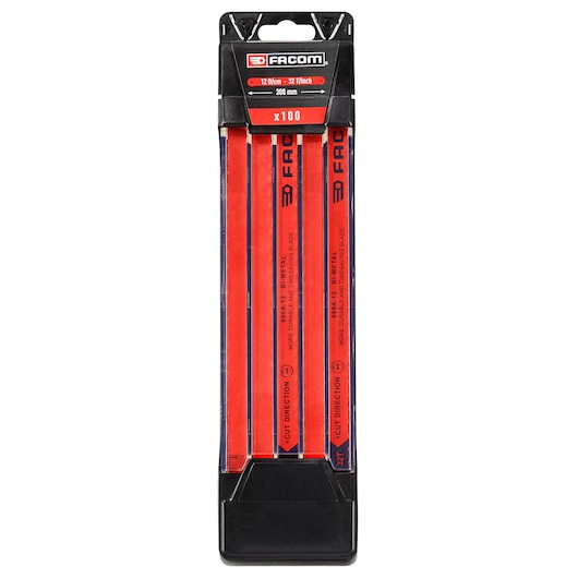 Photo of Facom 668A.12PB bi-metal hacksaw blades set, 300mm, red and black, in retail packaging, front view.
