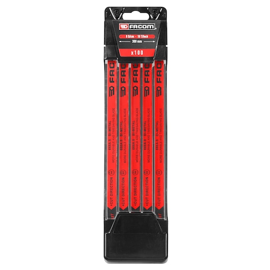 Facom 668A.8PB bi-metal hacksaw blades pack, red blades in black plastic holder, product front view on white.