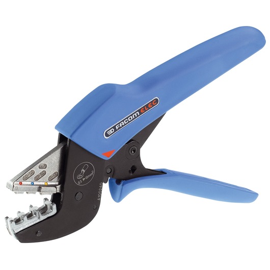 Facom wire stripper tool, SKU 673838, blue handle, side view on white background.