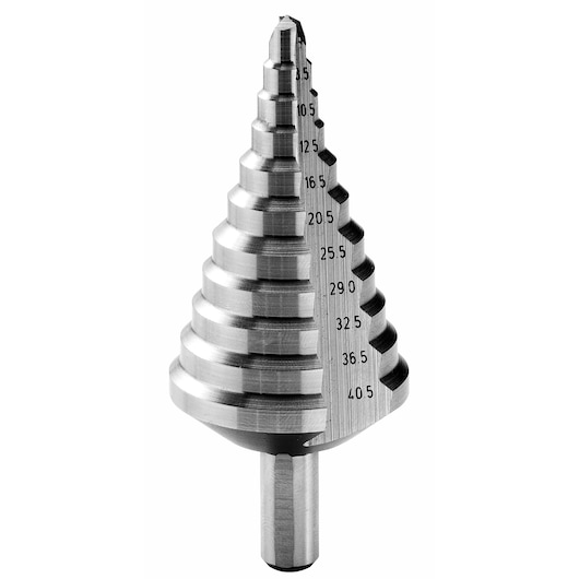 Facom 678006 step drill bit with engraved size markings, silver finish, front angle on white background.