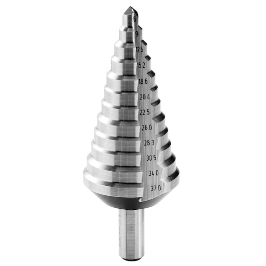 Facom 678014 conical step drill bit with engraved size markings, front angle, on white background.
