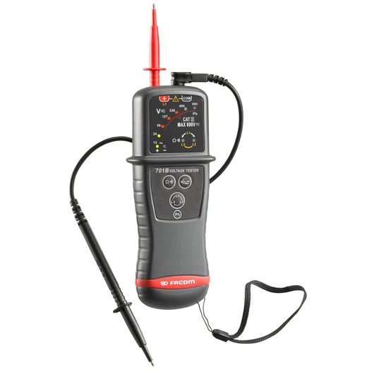 Facom 701BPB voltage tester with dual probes, digital display, and wrist strap, front angle on white background.