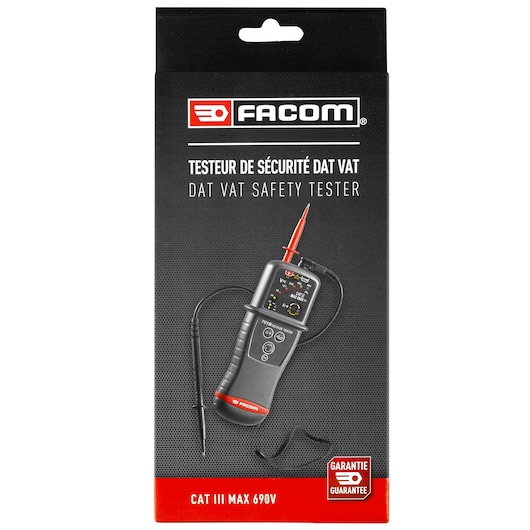 Photo of Facom 701BPB DAT VAT safety tester packaging, black and red box showing handheld tester with probes, front angle.