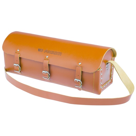 Facom 703232 brown leather tool bag with buckles and shoulder strap, front angle on white background.