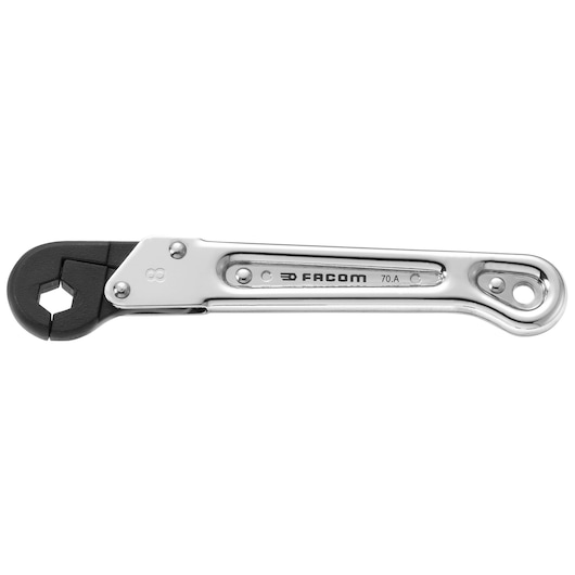 Photo of Facom 70A_10 adjustable wrench, silver body with black jaw, side view on white background.