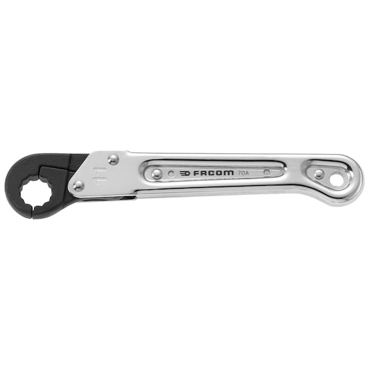Facom 70A_11 ratcheting flare nut wrench, silver with black head, side view on white background.