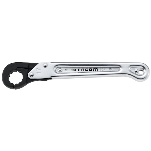 Photo of Facom 70A_19 ratcheting wrench, silver metal with black jaw, side angle on white background.