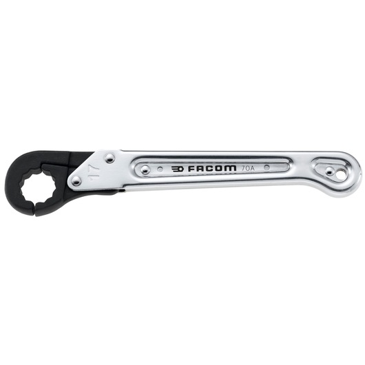 Facom 70A_22 chrome ratcheting spanner, side angle, with black jaw and Facom branding.