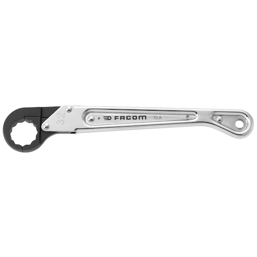 Facom 70A_30 ratcheting box end wrench, silver and black, side view on white background.