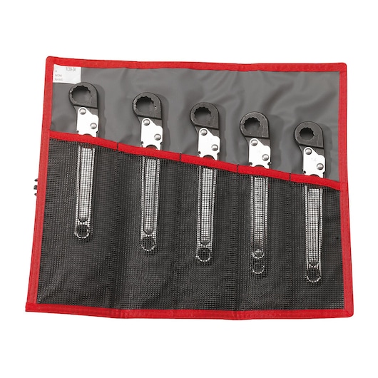 Facom 70AJE5T ratcheting wrench set in a black and red roll-up pouch, top view, five pieces visible.
