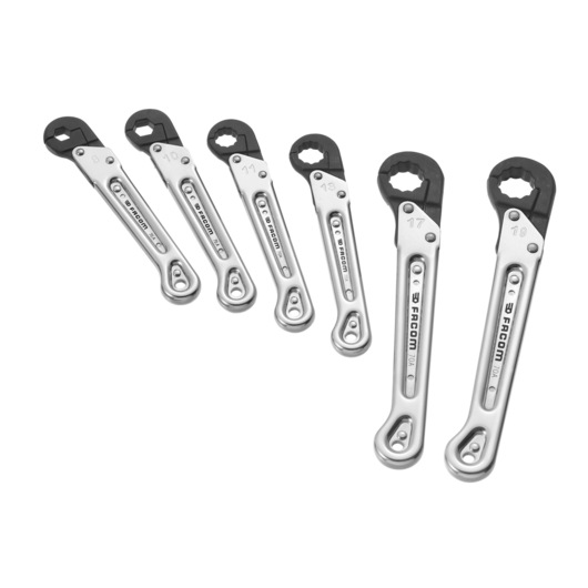 Facom 70AJN6 set of six silver ratcheting wrenches with black heads, top angle on white background.
