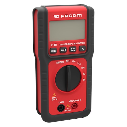 Photo of Facom 711BPB smart digital multimeter, red and black, angled view on white background.