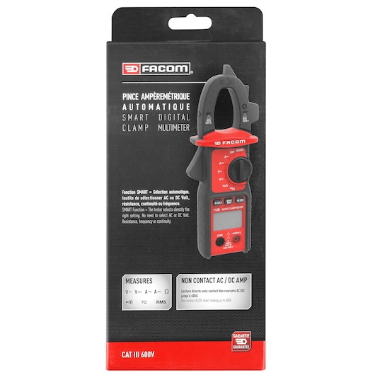 Photo of Facom 712BPB smart digital clamp multimeter in black and red, front packaging with product and features visible.
