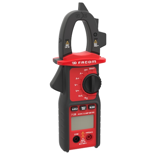 Photo of Facom 712B AC/DC clamp meter in red and black, front angle on white background.