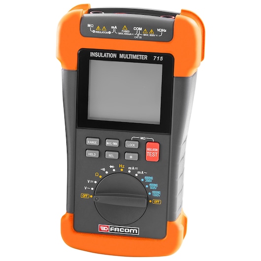 Facom 715PB insulation multimeter front view with orange protective casing and digital display.