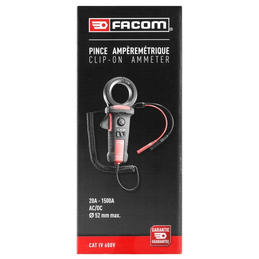 Facom 720.P1500PB clip-on ammeter packaging, front angle, shows black and red ammeter and coiled test leads.