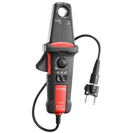 Photo of Facom 720.P30PB clamp meter with red and black body, rotary dial, and attached test lead, front angle.