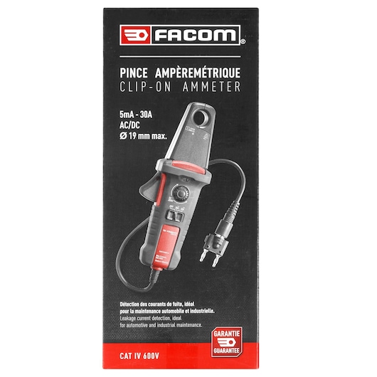 Photo of Facom clamp ammeter 720.P30PB in packaging, black and red tool with cable, product shown from front angle.