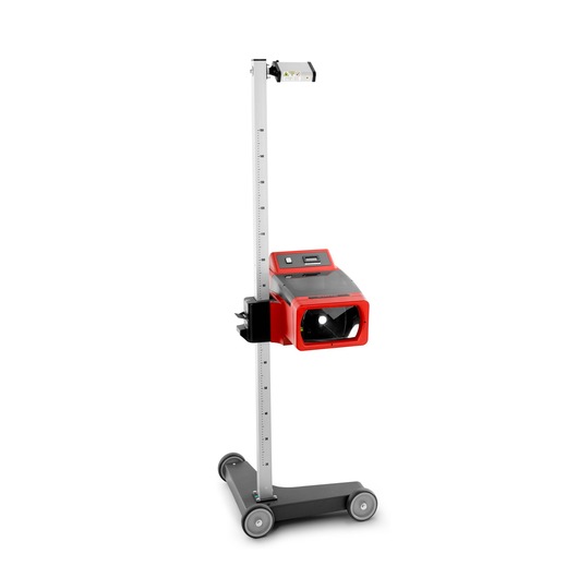 Facom 740A automotive headlight beam setter, red and black unit on wheeled stand, front angle.