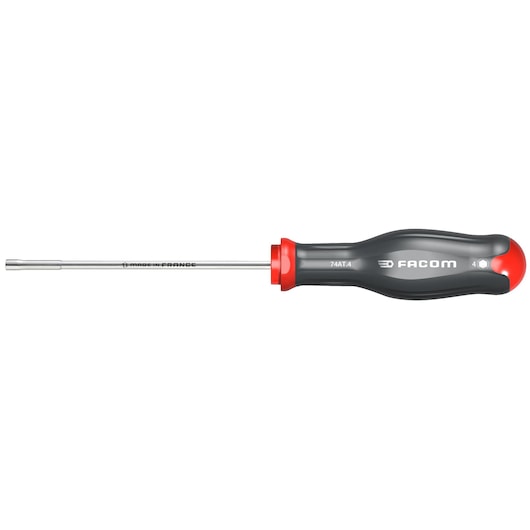 Facom nut driver with gray and red ergonomic handle, straight side view, SKU 74AT_4_5, hand tool.