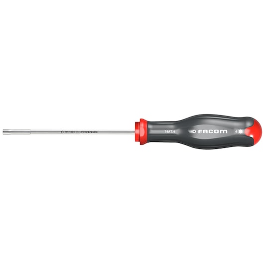 Photo of Facom nut driver 74AT_4 with black and red ergonomic handle, side view on white background.