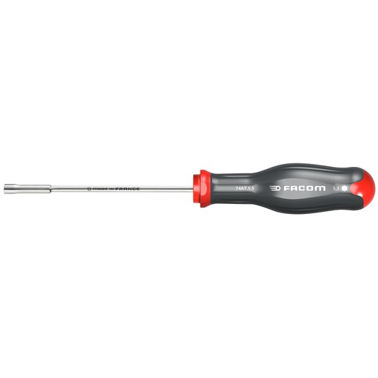 Photo of Facom nut driver with black and red handle, product code 74AT_5_5, side view on white background.