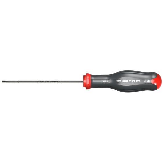 Photo of Facom 74AT_5 nut driver with black and red ergonomic handle, side view on white background.