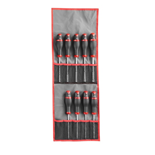 Facom screwdriver set SKU 74ATJL14 with 14 black and red screwdrivers in a gray roll-up pouch, top view.