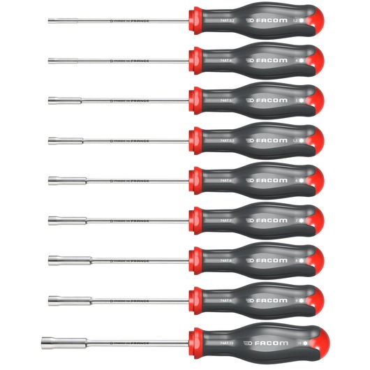 Facom 74ATJL9 photography of nine nut drivers with black and red handles, side angle on white background.