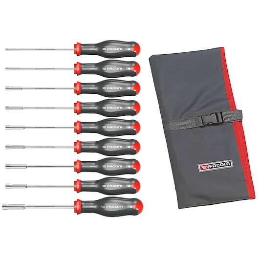 Set of ten Facom screwdrivers with grey and red handles, displayed next to a grey fabric tool roll with a buckle and Facom logo.