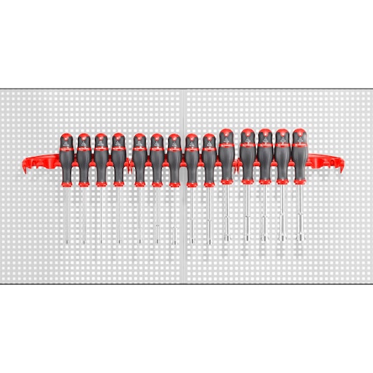 Facom 74AT_P14E screwdriver set with red and black handles, front angle, displayed on perforated panel.