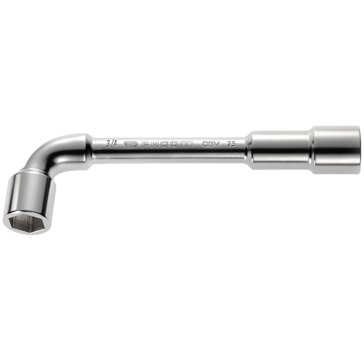 Photo of Facom 75_1P L-shaped socket wrench, chrome finish, product laid flat, right-side angle on white background.