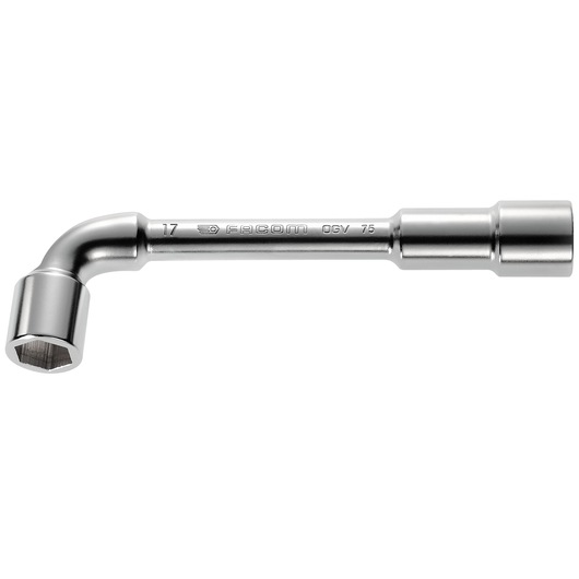 Photo of Facom 75_24 L-shaped chrome socket wrench on white background, showing embossed brand and size details.