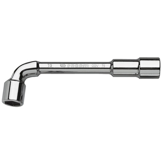 Facom 75_34 chrome L-shaped socket wrench, close-up on white background, tool photography.