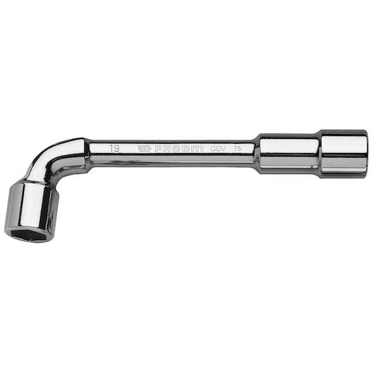 Facom 75_7 chrome double-ended box wrench, angled, product photography, white background.