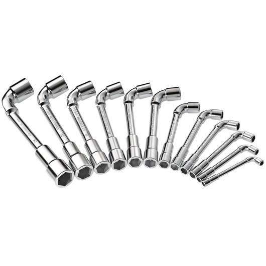 Facom 75J12PB set of 12 chrome-plated double-ended box wrenches, arranged in a fan, white background.