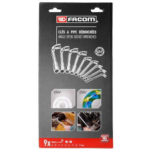 Facom 75J9PB angle open-socket wrench set packaging, front view showing 9 wrenches and product features.
