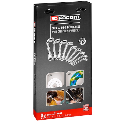 Facom 75J9PB angle open-socket wrench set packaging, front view, showing nine wrenches and product features.