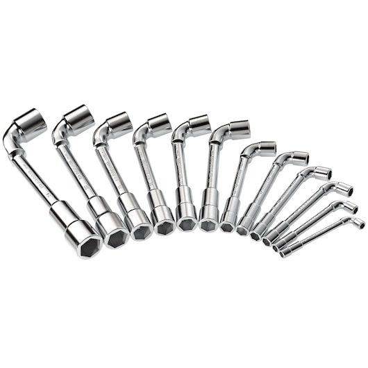 Facom 75JE16 chrome double box end wrench set arranged in a fan shape, white background, photography