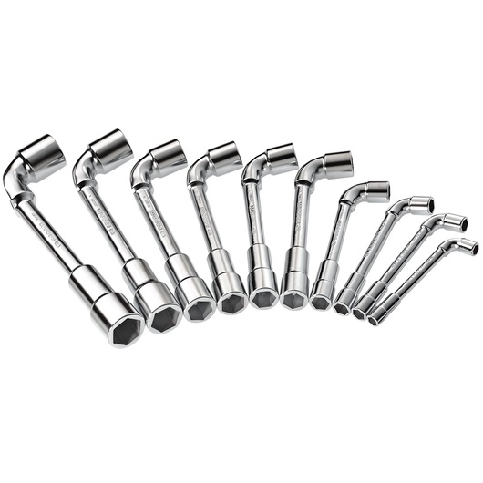 Facom 75_JN10 chrome double box end socket wrench set, photography, angled on white background.