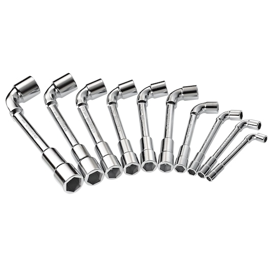 Facom 75_JU10 set of ten chrome offset socket wrenches, various sizes, displayed in a row on white background.