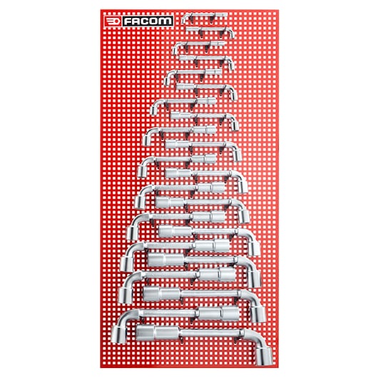 Facom 75P22M L-shaped socket wrench set on red perforated board front angle.