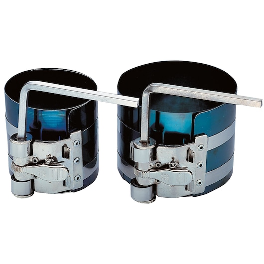 Facom 750_KB set of two piston ring compressors in metal, side angle on white background.