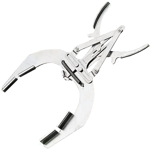 Facom 751_K valve spring compressor tool, silver metal, photography, top angle on white background.