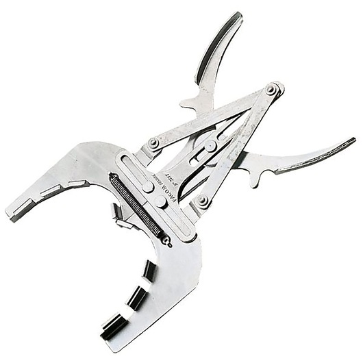 Facom 751T silver piston ring installer tool, side angle, metal construction, photography on white background.