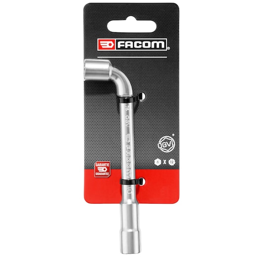Facom 76_10PB chrome L-shaped box wrench on branded packaging, front angle, silver hand tool.