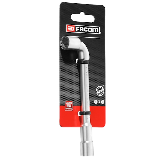 Facom 76_10PB L-shaped socket wrench on retail packaging, front angle, silver tool with black and red card.