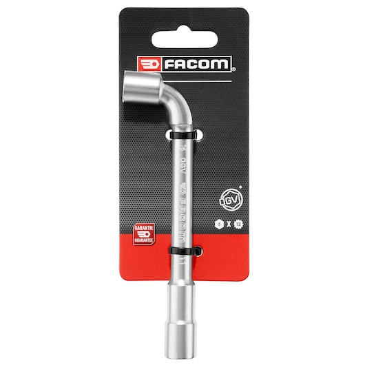 Facom PIPE_WRENCH_12_PANS_11MM silver pipe wrench photography, front angle, with branded packaging.