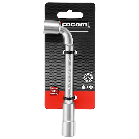 Photo of Facom 76_12PB L-shaped socket wrench with chrome finish, front view on packaging.